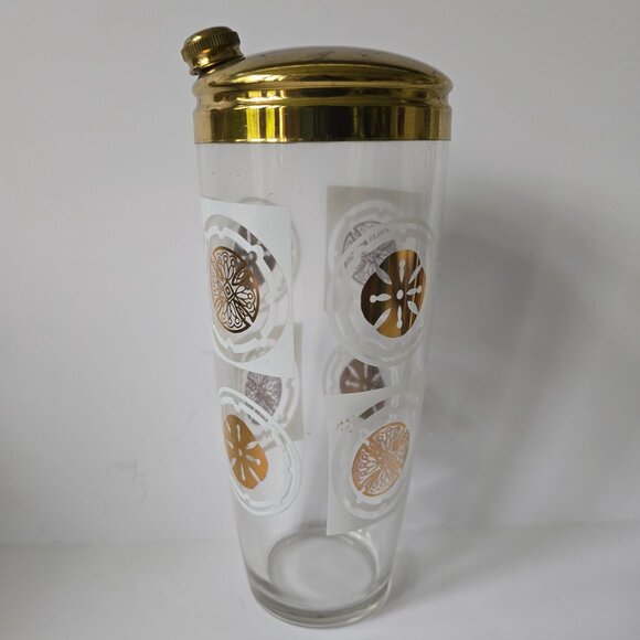 Vintage Glass Cocktail Shaker With Gold-Tone Lid & Retro Pattern Design - Picture 12 of 16